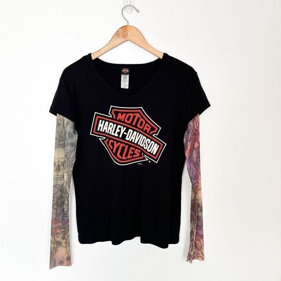 Harley-Davidson Tops - Harley Davidson Women’s 2014 Shiawassee Birch Run, MI Semi Sheer Tattoo Sleeve L